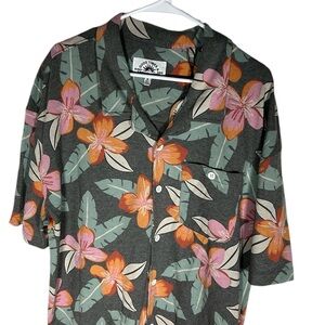 Free Planet Heather Grey Floral Hibiscus Button Up Shirt Men’s Size XL